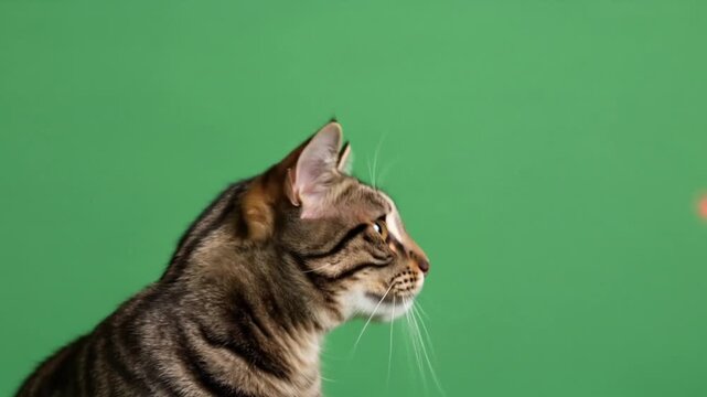 Adorable tabby cat captivated by playful laser pointer, intense focus and playful energy on vibrant green backdrop, dynamic pet fun