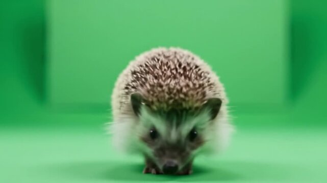 Adorable hedgehog prances on green screen, offering endless creative options for your next project or campaign, full of playful charm and delight