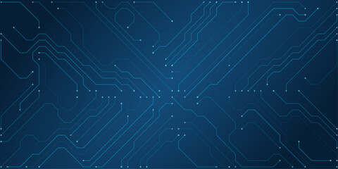 Futuristic blue circuit board pattern with glowing nodes and intricate pathways representing technology and data flow