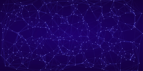 Obraz premium Abstract network of glowing white dots and connecting lines on a deep purple background symbolizing data, connection, and science
