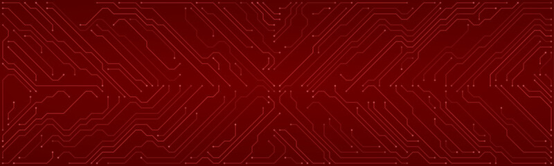 Vibrant red circuit board pattern with glowing lines and nodes representing technology, data, and energy flow in a wide banner format