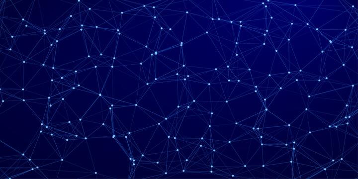 Abstract interconnected blue network of dots and lines forming a complex web structure on a dark blue background