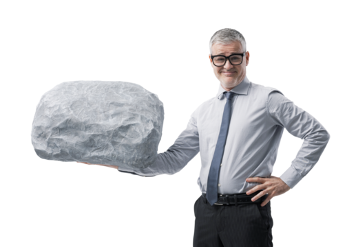 A Confident Businessman Lifting a Heavy Boulder with One Hand and Smiling at the Camera - Powered by Adobe