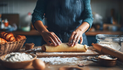 A woman in the kitchen to prepare the sweet roll.