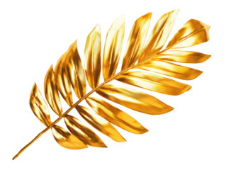 Shiny golden palm frond with detailed leaf structure isolated on black
