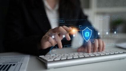A concept of an advanced cybersecurity system. The futuristic interface shows a multi-factor authentication process using a secure password or PIN for enhanced data protection. Fermion