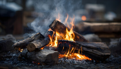 Outdoor campfire with burning logs and smoke