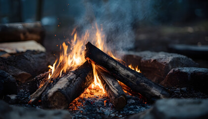 Outdoor campfire with burning logs and smoke
