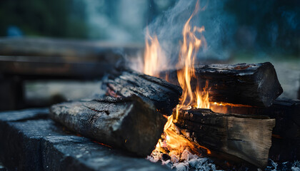 Outdoor campfire with burning logs and smoke