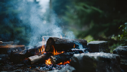 Outdoor campfire with burning logs and smoke