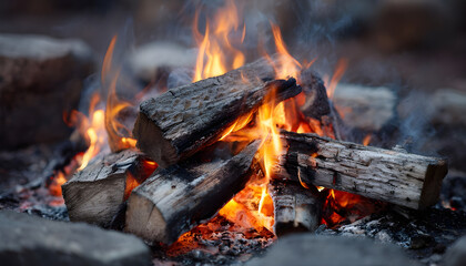 Outdoor campfire with burning logs and smoke