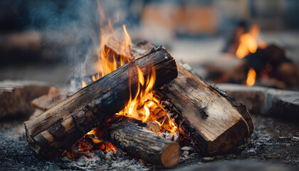 Outdoor campfire with burning logs and smoke