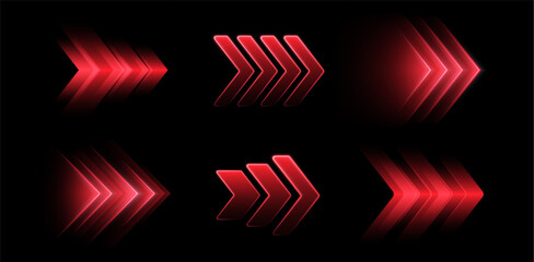 Glowing red arrows, dynamic glowing pointers, fast motion. Movement, boost or action concept. Vector illustration. © Likanaris