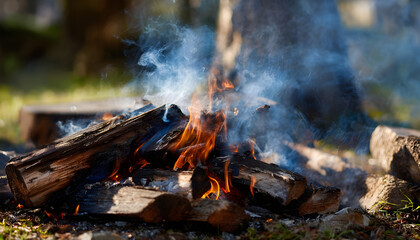 Outdoor campfire with burning logs and smoke
