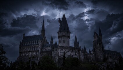 Obraz premium Dramatic castle towers under a stormy sky with lightning strikes, perfect for fantasy novels, game design, or spooky Halloween promotions
