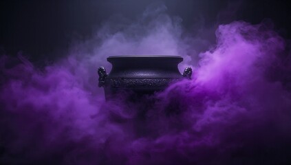 Mysterious cauldron surrounded by swirling purple smoke, perfect for fantasy, Halloween, and mystical themes with a touch of magic