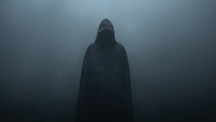 Mysterious figure shrouded in darkness and fog, evoking suspense and intrigue for a dramatic, cinematic visual