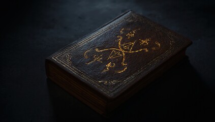 Fototapeta premium Antique leather-bound book with gold embossed symbols on dark backdrop, ideal for fantasy, mystery, or historical themes