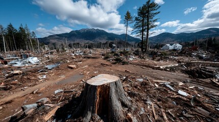 Deforestation impacts with tree stumps and cleared land, highlighting forest loss, climate change, and habitat destruction awareness