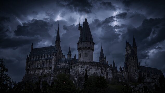 Dramatic castle towers under a stormy sky with lightning strikes, perfect for fantasy novels, game design, or spooky Halloween promotions