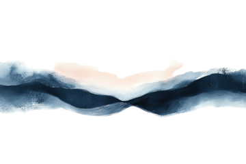 Abstract watercolor landscape of blue hills against a blush sky on black