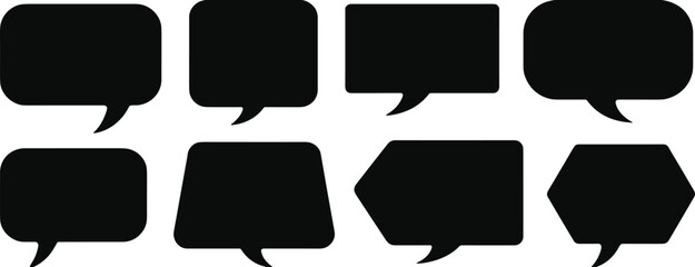 Black speech bubble icons, chat conversation symbols, dialogue balloons, message shapes, communication graphics, vector speech bubbles, isolated design elements