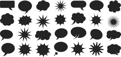 Black speech bubbles and comic burst shapes set, variety of empty dialog, thought clouds, explosion shapes, communication icons, conversation elements.