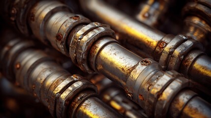 Close-up view of aged, weathered industrial pipes with a metallic sheen, hinting at a complex system.