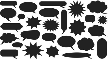 Black speech bubbles and burst shapes, comic style dialogue balloons, conversation bubbles vector, starburst speech icons, communication symbols design