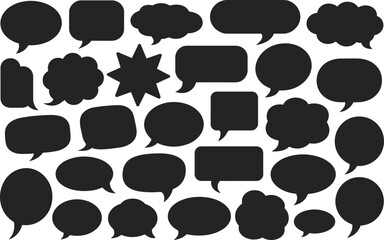 Black speech bubbles collection, assorted shapes and sizes, communication icons, dialogue symbols, chat bubbles, message clouds, vector design elements, conversation symbols