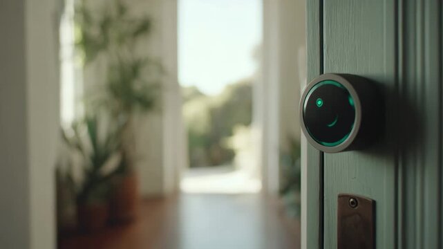 Medium shot of a digital smart lock on a front door highlighting advanced IoT technology used for secure access monitoring in smart homes.