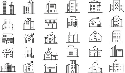 Building icons set, office building vector, house line art, school symbol, government building illustration, real estate design, architecture icon set