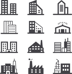 Obraz premium Building icons, modern architecture, city skyline silhouette, factory vector set, commercial real estate icons, urban structure symbols, black design elements