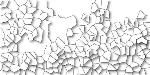 Black and white abstract geometric cell pattern with realistic drop shadows creating a dimensional, textured surface on a white background, perfect for graphic design and backgrounds