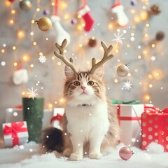 Adorable Cat in Reindeer Antlers with Floating Gifts and Snowflakes in Glowing Holiday Scene
