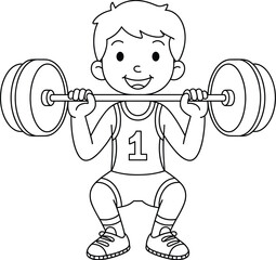 Boy lifting weights, child strength training, happy kid exercising, weightlifting sport, fitness activity, healthy lifestyle, athletic boy training gym