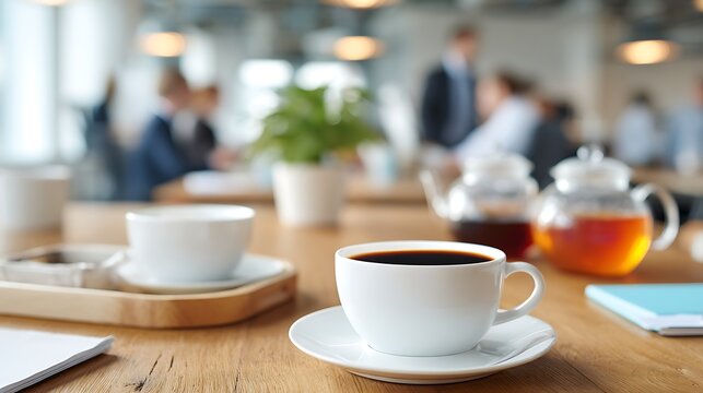Warm coffee break with colleagues in a bright, modern office setting.
