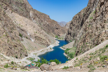 First lake named Nezhegon of the Seven Lakes. Clear blue and green water. Haft Kul, Sughd Province,...