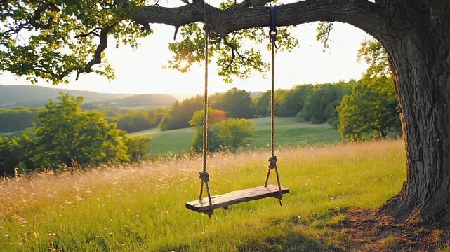 Wooden swing hanging from a large tree branch in a serene meadow, surrounded by lush greenery and rolling hills, capturing the essence of tranquility and nature's beauty