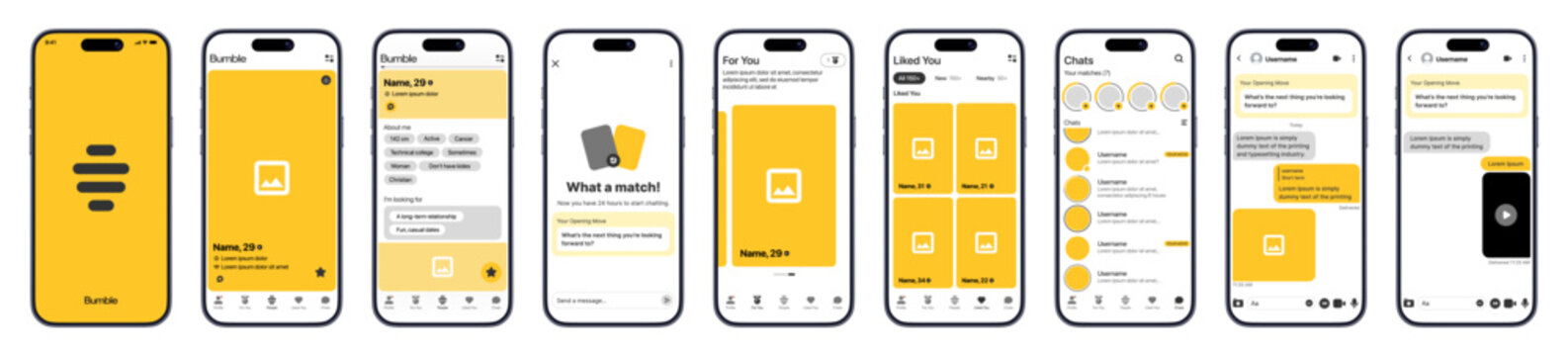 Bumble mobile app UI mockup set .complete dating app interface design including find matches, profile, match screen, liked you, for you, and chat pages. Modern UX layout for social dating experience 