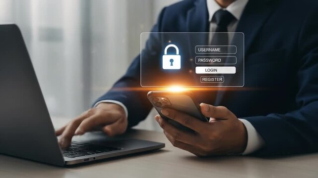 Secure login authentication video with businessman using laptop and phone for cybersecurity access verification and protected network connection