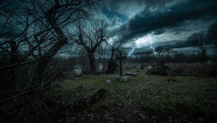 Eerie cemetery scene with lightning striking dark stormy skies over ancient tombstones and bare trees