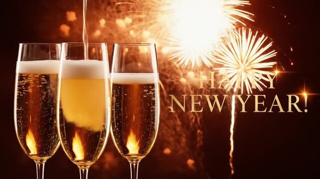 Pouring champagne into flute glasses with fireworks, celebrating a happy new year in style, cheers to new beginnings and festive celebrations