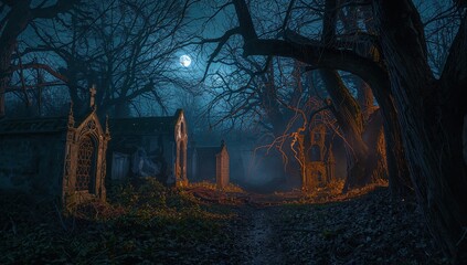 Eerie moonlit cemetery with ancient crypts and gnarled trees shrouded in mystical fog, perfect for Halloween or spooky narratives