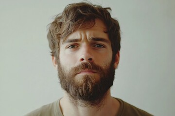 Fototapeta premium Young bearded man staring at camera with furrowed brow, puzzled and worried expression conveying stress, doubt, and contemplation