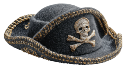 Gray tricorne pirate hat with gold trim & skull and crossbones