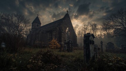 Mysterious gothic church and cemetery under dramatic sky, evoking a sense of history, spirituality, and haunting beauty