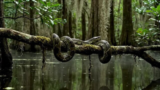 Snake coiled on branch over calm water, surrounded by thick trees and greenery. Scene captures tranquility of swamp ecosystem. Concept of wildlife, nature conservation, education