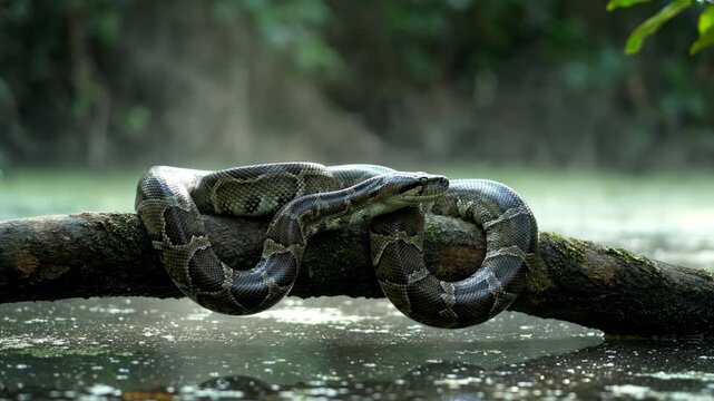 Snake rests peacefully on tree branch over calm water. Lush jungle surrounds this serene setting. Concept of wildlife, nature exploration, animal behavior