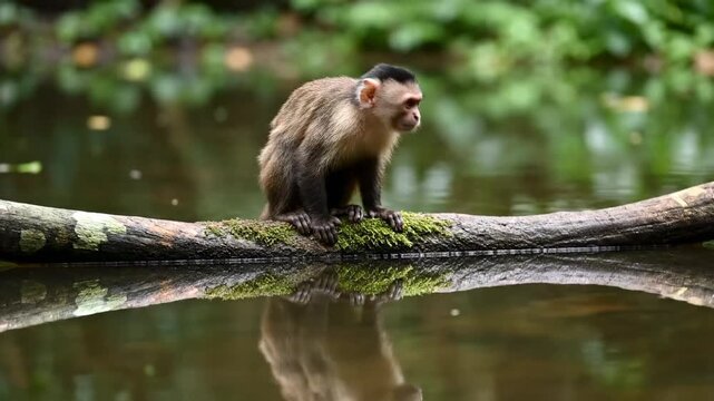 Capuchin monkey investigates log at riverbank, looking at reflection in calm water. Lush green forest surrounds scene, highlighting wildlife